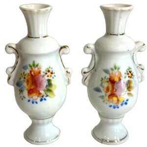 Vintage Occupied Japan Mini Hand-Painted Ceramic Floral Vases (2) Doll House 4"